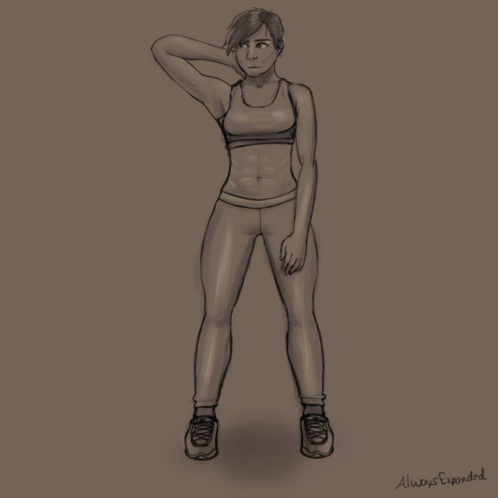 sketch of white brunette w/ short hair, killer abs